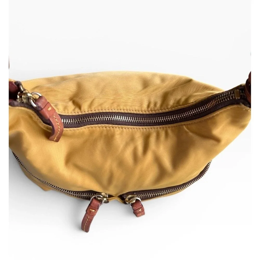 VTG Dooney Bourke Nylon Hobo Yellow Pink Lined Duck Logo Shoulder W/Leather Trim